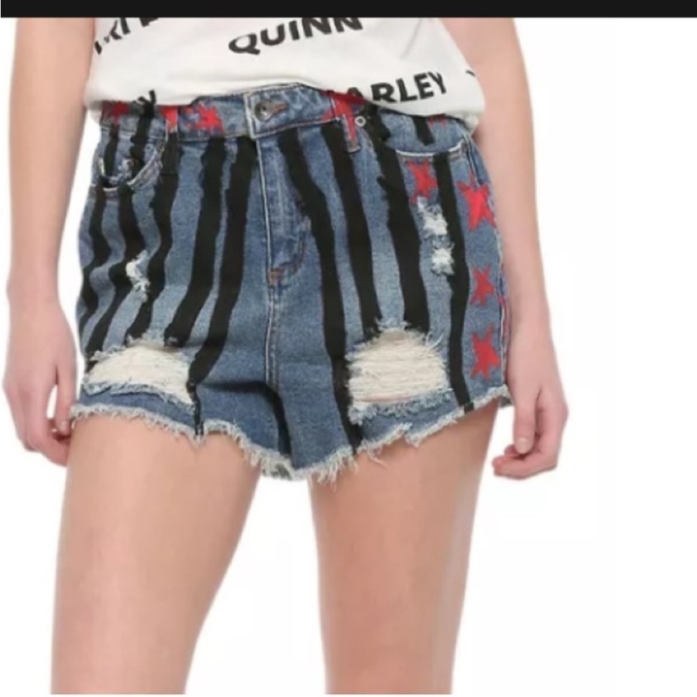 HARLEY QUINN BIRDS OF PREY DESTRUCTED HI RISE SHORTS HER UNIVERSE Patriot Print